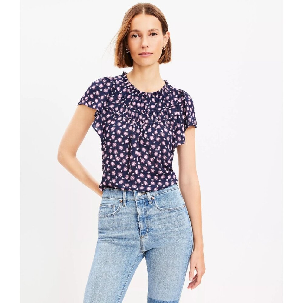 Ann Taylor LOFT Floral Mixed Media Ruffle Top S